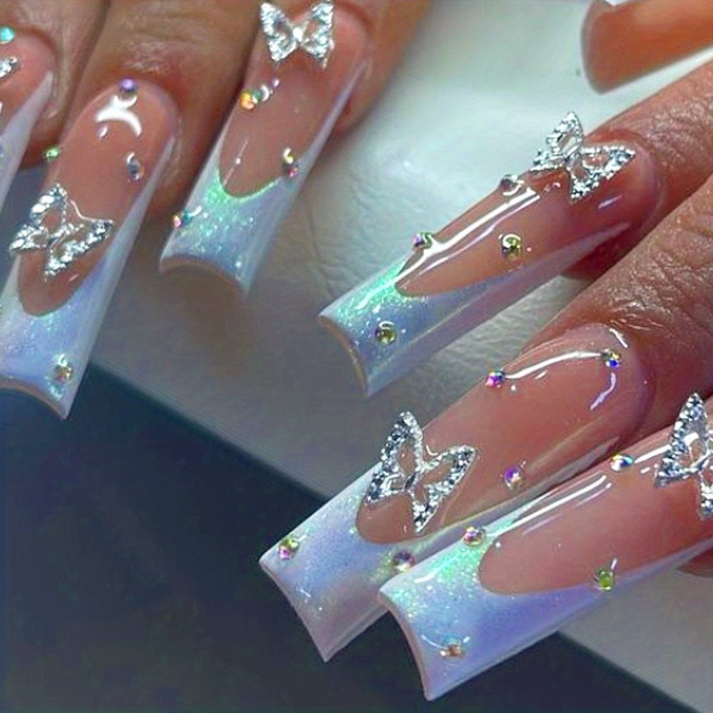 🦋🤍🖤NEW Luxury Butterfly Rhinestone 3D Long Fake Press On Nails 🖤🤍🦋
